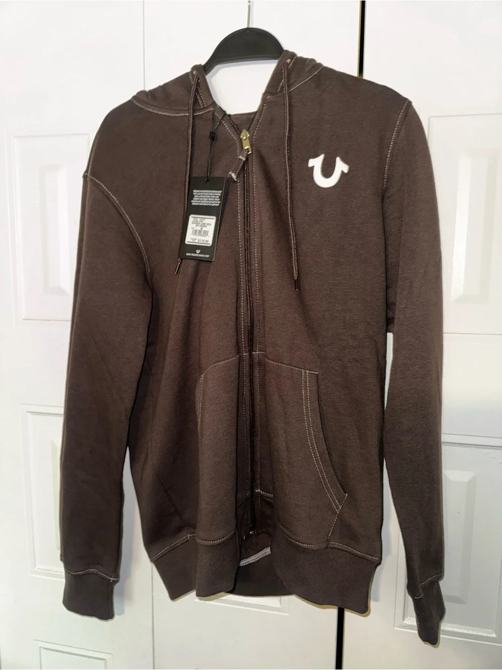True Religion Chocolate Brown Zip-Up Hoodie with White Logo